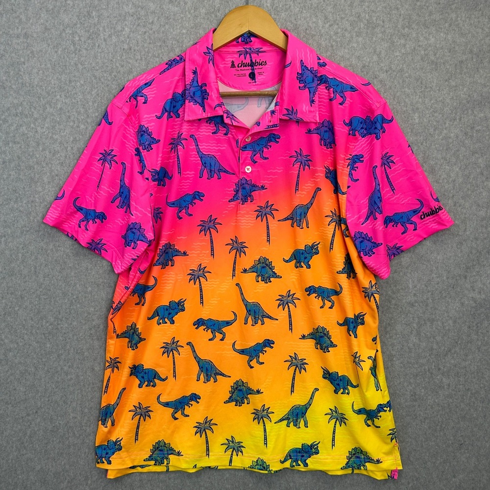 Chubbies Performance Polo Neon Pink Orange Ombre Dinosaur Palm Tree Mens Large